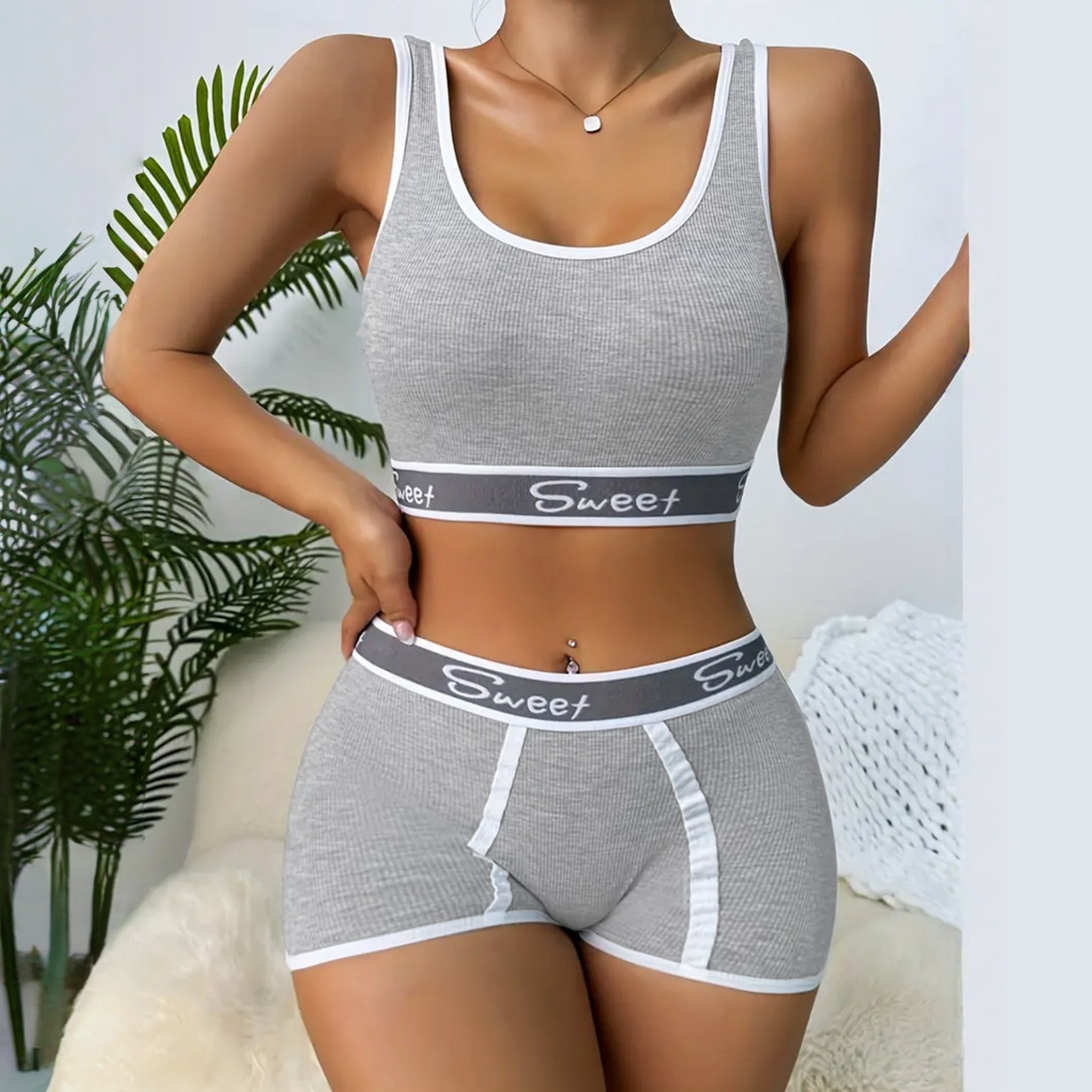 "Letter Print Bra Panties Ribbed Wireless Bra Elastic Panties "